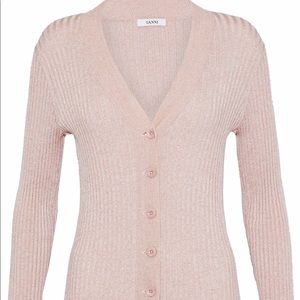Ganni Metallic Pink Ribbed Knit Cardigan